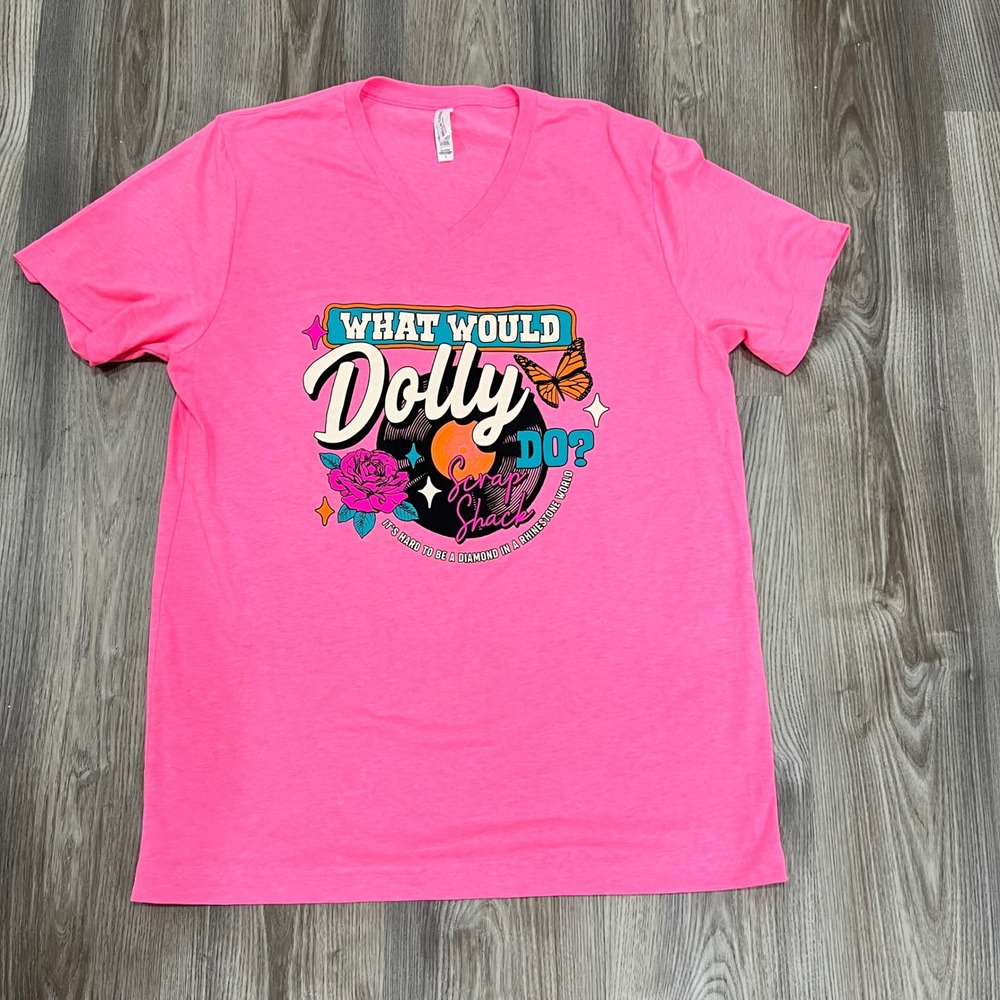 Bella + Canvas What Would Dolly Do Graphic V-Neck Tee Neon Pink Large